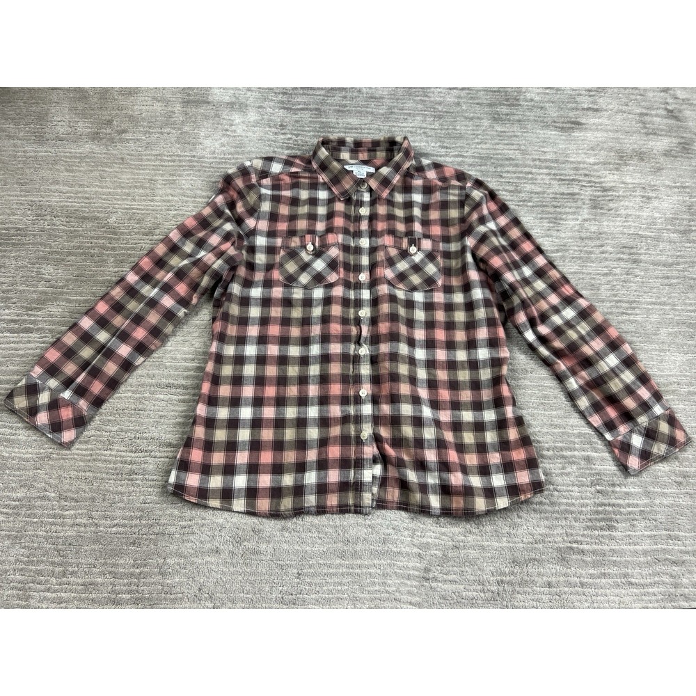 Liz Claiborne Top Womens Petite Large Multicolor Plaid Button Up Cotton Blend‎